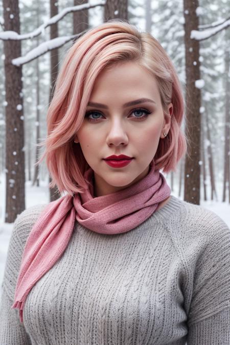 a photo of a woman, scarjo-2640, ((pale skin)), ((short hair, pink hair):1.2)((scarf, sweater, leggings):1.2), ((cowboy shot, waist, hips, thighs):1.2),((outdoors, snow, forest):1.2),,((red lipstick, eyeliner, eye shadow, blush):1.2), ((best quality, masterpiece, extreme details, high resolution):1.2),((detailed eyes, beautiful eyes, detailed face, beautiful face):1.2)