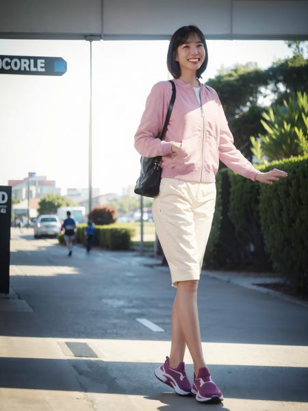 pebin, sports clothes, walking on a sidewalk, (looking_at_viewer:1.2), upper body, smiling, cityscape background, night, (8k, RAW photo, best quality, masterpiece:1.2), (realistic, photo-realistic:1.37), professional lighting, photon mapping, radiosity, physically-based rendering, octane render, <lora:PEBin:1>