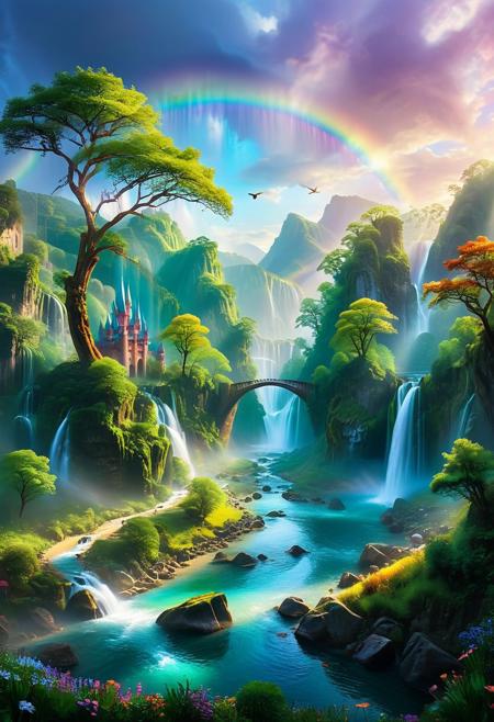 In this fairy tale-inspired landscape rendered in stained glass style, envision majestic mountains rising like enchanted castles into the pastel-hued sky, their peaks crowned with glistening snow that sparkles like diamonds in the morning light. A crystal-clear river meanders through the valley, its waters imbued with a magical iridescence that reflects the colors of the sky and the lush greenery of the ancient trees lining its banks. Wisps of ethereal mist dance among the trees, weaving spells of enchantment throughout the landscape. Birds with rainbow-colored plumage flit between branches, their melodic songs adding to the enchantment of the scene. In the distance, a cascading waterfall tumbles from a sheer cliff, its crystalline waters forming a rainbow bridge that arcs across the river. This fantastical panorama, with its vibrant colors and whimsical details, transports viewers to a world of wonder and imagination, where every corner holds the promise of adventure and magic.