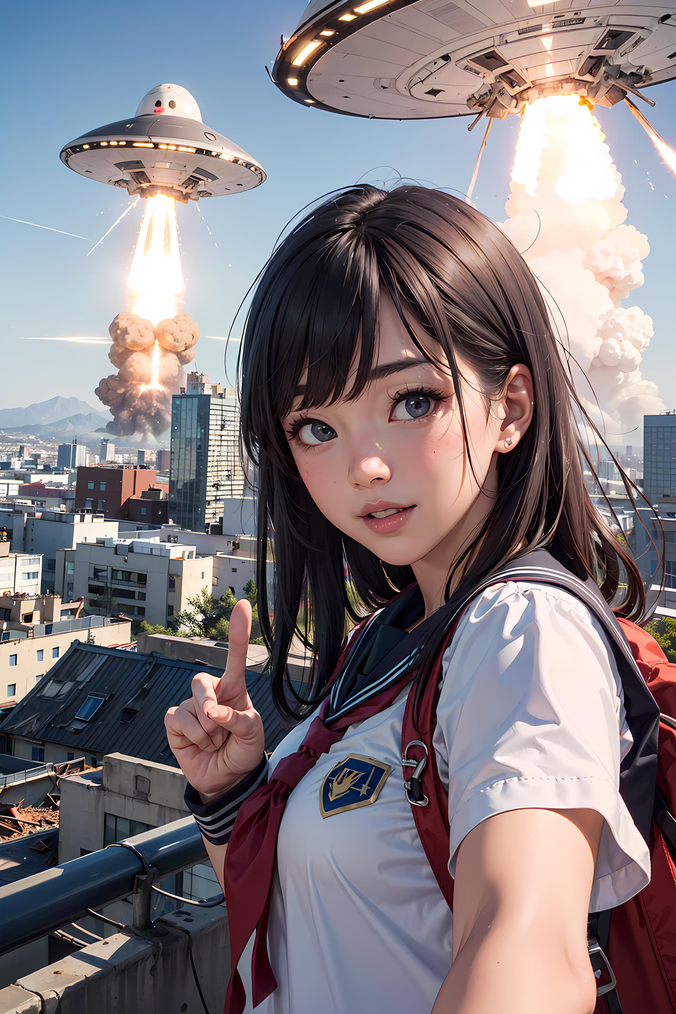 A young woman wearing a school uniform with a backpack poses in front of a city skyline with explosions and a spaceship in the background.