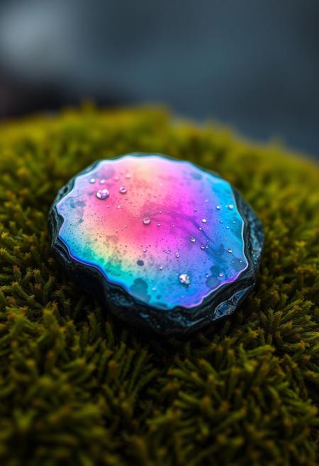 "On a velvet cushion of moss, a polished rainbow rock reclined, its surface a kaleidoscopic tapestry of colors that shimmered and pulsed like the heartbeat of a celestial being. Iridescent glints of opal, amethyst, and rose danced across its curves, as if the very essence of the aurora borealis had been distilled into this tiny, resplendent gem. A sprinkling of microscopic, glittering particles - like stardust, or the shimmering scales of a celestial fish - encrusted its surface, casting a trail of tiny, shimmering echoes across the surrounding air, as if the rock was exhaling a gentle, rainbow-hued sigh of wonder." highest-Quality, intricate details, visually stunning, Masterpiece