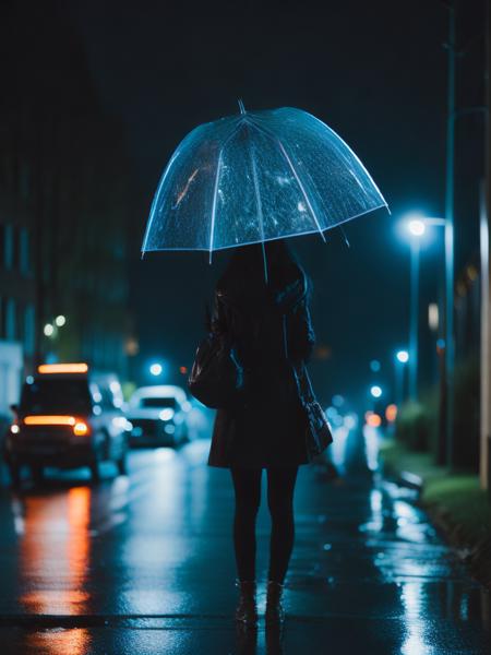 <lora:NeonNight:1>a person holding an umbrella on a rainy night