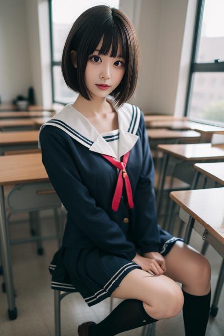 ultra-detailed,highly detailed,best quality,masterpiece,illustration,
kato megumi,1girl, school uniform, katou megumi, solo, cosplay, 
short hair, bob cut, jacket, blunt bangs,
serafuku,socks, loafers,sailor dress,neck ribbon, long sleeves,
looking at viewer, indoors,classroom,full body, 
<lora:kato megumi_uni_v1_02:0.7>