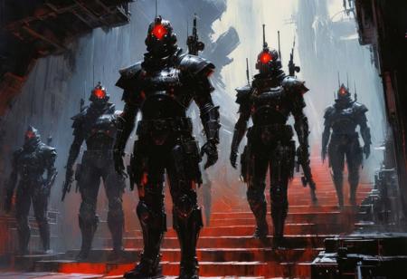 6people, dark lord, soldiers, guns, sci-fi, dystopian, futuristic, confrontation, dramatic lighting, red and black contrast, tension, standing, armor, glowing eyes, imposing figure, futuristic setting, intense atmosphere, stairs, high contrast, intricate details,John Berkey Style page