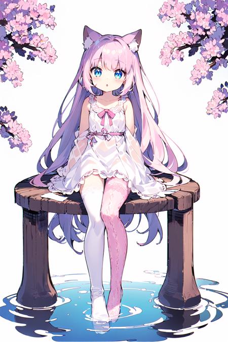 (white background:1.4),
(((mauve:0.2|pink:0.5|legwear|long|lace:1.3))),
high contrast,masterpiece,best quality, 
hatsumoude, tree,
full body,aged down,  summer,illustrator,water spring,
1girl, cat girl,no shoes, 
white shirt,shirt,
blue eyes, white hair, long hair