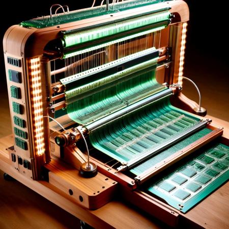 An ornate 19th-century Jacquard loom reimagined as a massive circuit-board weaving machine: the wooden frame becomes stacked translucent green PCB layers, warp and weft threads rendered as elegant copper traces, resistors and capacitors double as shuttle weights and bobbins, surface-mount ICs align like punch cards, tiny LEDs pulse along the pattern, hyper-realistic macro close-up, ultra-detailed, dramatic cinematic lighting, shallow depth of field, 8K resolution.