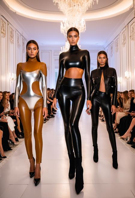 lgngshnyft 1girl realistic solo standing, skin tight, holding phone, navel, 2girls, latex bodysuit, solo focus, hand on own thigh 24 year old, medium breasts, Caramel shag, caucasian, brown skin, yellow eyes, fair skinned, best quality, RAW photo, subject, 8k uhd, high quality, photorealistic, plush, Private runway show at an exclusive mansion, top designers showcasing their latest haute couture pieces, Rim lighting shot <lora:lgngshnyXLrd:0.7>
