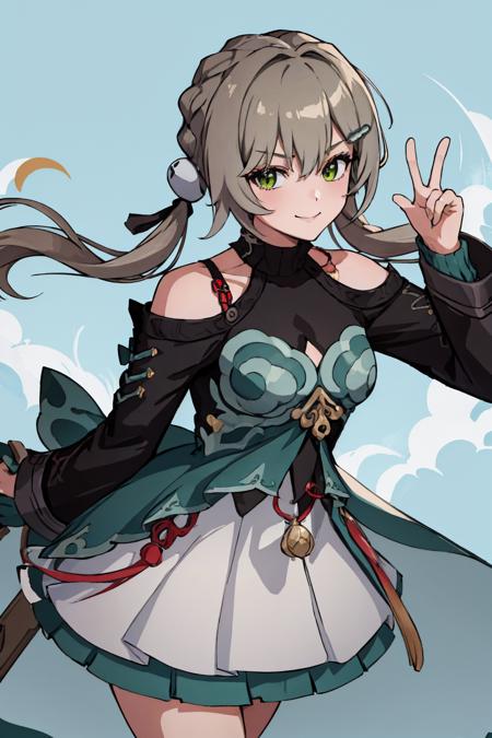 hsrqingque, twintails, braid, hairclip dress, long sleeves, skirt, bare shoulders