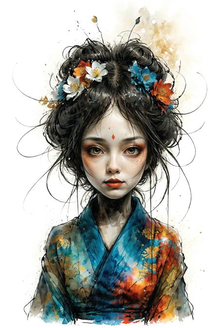 mysterious silhouette geisha woman, by Minjae Lee, Carne Griffiths, Emily Kell, Steve McCurry, Geoffroy Thoorens, Aaron Horkey, Jordan Grimmer, Greg Rutkowski, amazing depth, double exposure, surreal, geometric patterns, intricately detailed, bokeh,  perfect balanced, deep fine borders, artistic photorealism , smooth,  great masterwork by head of prompt engineering   <lora:add-detail-xl:2>  <lora:xl_shuimo:0.7> ink wash painting <lora:Cute_Drawing:0.55>  <lora:hyperkraximalism_v1-1:0.25>