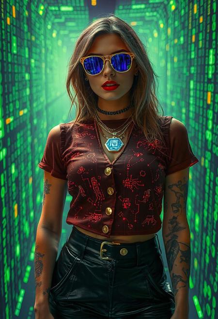 “Explore a mesmerizing cybernetic labyrinth filled with scrolling code streams. A woman commands attention with her striking presence. Her gold-buttoned top is adorned with pixel-art constellations, paired with leather pants pulsing with embedded LED circuits. Sunglasses reflect vibrant strings of binary, and a layered necklace projects dynamic holographic runes. The background becomes a grid of shifting emerald green and lime pixels, creating an immersive tech maze bursting with energy. Syd Mead’s digital minimalism harmonizes with Rolf Armstrong's retro-futuristic charm: glowing tattoos embellish her arms, a playful wink directed at the viewer, and a vibrant skin tone. Add flickering code trails and dynamic glitch effects for added visual interest.”