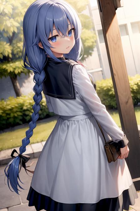 masterpiece, best quality, <lora:roxy:1>,1girl, solo, braid, dress, long hair, outdoors, black ribbon, twin braids, white dress, looking at viewer, hair between eyes, bangs, black sailor collar, bag, long sleeves,  closed mouth, grey hair, sailor collar, blue eyes, sailor dress, blush, ribbon, dutch angle, looking back, very long hair, grocery bag, roxy migurdia, day, hair ribbon, bow, twintails, blurry, standing, red bow, frilled dress, frills, low twintails, depth of field, from behind, fruit