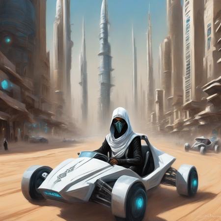 Clair-obscur, digital painting, oil painting, landscape, ((bird's eye view)), emirati arab "assassin's creed" fremen ninja iman sheikh wearing futuristic spacepunk atompunk white cyber-onesie and white saudi Gutra headdress, driving retrofuturistic armoured dune buggy with Arabic decoration, in empty street, racing in front of futuristic turkish moroccan skyscrapers made from white marble and black stone, "traditional 15th century arab architecture" and cyberpunk and spacepunk, in gorgeous french japanese jungle garden park oasis with purple and pink alien plants, in cyberpunk dubai "abu dabi" "kuala lumpur" singapore with lots of LCD screens and neon, retrofuturistic white armoured military dune buggies with arab decoration, in the style of arcane and fernanda suarez pascal blanche and Hermann Stenner and simon stalenhag and Gustavé Doré and alex grey and alphonse mucha and nekro and josan gonzalez and dishonored and bioshock and simon stalenhag and rembrandt and Roger Ballen and Yousuf Karsh and HR Giger and Dariusz Zawadzki and John Jude Palencar and David Cronenberg and Liam Wong and Zdzislaw Beksinski and Luis Buñuel and Takashi Miike and David Lynch and Luis Royo and jakub rozalski and Ilya Kuvshinov and Wlop and Artgerm, trending on artstation, featured on pixiv, dynamic lighting, hyper detailed, octane render, 8k