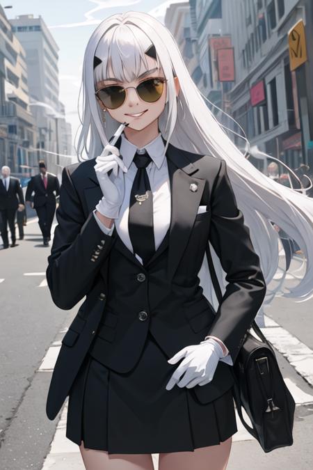 best quality, masterpiece, highres, solo, {black business suit:1.40}, {tie:1.20}, {sunglasses:1.25}, {white gloves:1.15}, {white shirt:1.10}, {black skirt:1.15}, {smoking:1.20}, handsome, {tam_lin_lancelot_fgo:1.15}, long_hair, white_hair, bangs, sidelocks, breasts, forked_eyebrows, small_breasts, brown_eyes, smile, yellow_eyes