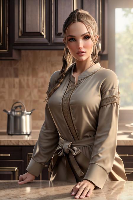 a photo of a gorgeous S069_KatushaLobanova, in a (kitchen:1.2), wearing a (oversized-shirt), (8k, RAW photo, best quality, DOF, ultra high res:1.2), (absurdres, intricate, photorealistic, masterpiece, ultra-detailed, Unreal Engine:1.3)