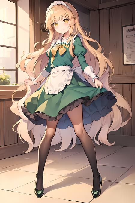 <lora:LoRA_Shiraki_Hime:1>, Shiraki Hime, 1girl, long hair, blonde hair, maid cafe, green dress, black skirt, black footwear, smile, dress,  shoes, standing,