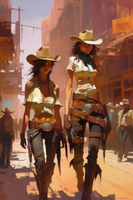 <lora:Craig Mullins Style:1>Craig Mullins Style - Immerse the viewer in a striking oil painting that portrays the essence of a wild west town fused with a cyberpunk atmosphere. Depict two cowgirls strolling along the street, capturing their confident stride and rugged charm. Utilize the artistic medium of oil painting to create rich textures and depth. Draw inspiration from the styles of both Craig Mullins and Artgerm, merging their unique approaches to composition and brushwork. Employ a lighting setup that combines the warm, sun-drenched glow of the wild west with the neon-lit, futuristic ambience of cyberpunk. Opt for a color palette that harmonizes earthy tones with vibrant, saturated hues, creating a captivating visual contrast. Frame the scene with a wide-angle shot, capturing the cowgirls in the foreground while showcasing the intricacies of the street and town in the background, inviting the viewer into this dynamic fusion of genres