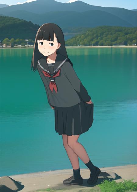 1girl, medium hair, black hair, blunt bangs, standing, serafuku, black serafuku, black skirt, full body, red legwear, outdoors, light smile, lake, mountain, <lora:CoLOv5t_fp32:1>