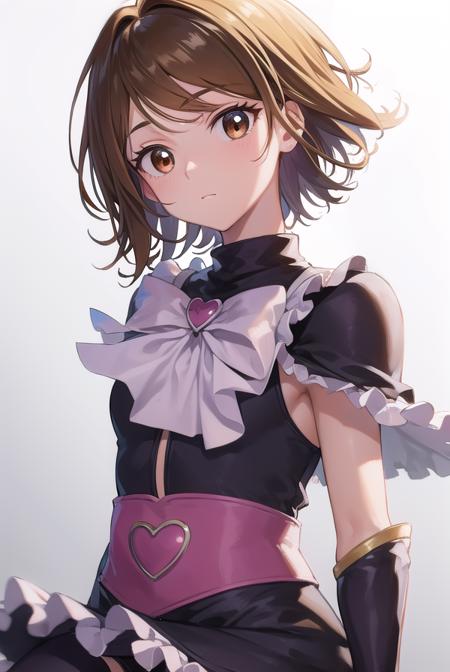 cure black, ahoge, (brown eyes:1.5), brown hair, eyelashes, short hair, (swept bangs:1.5), arm warmers, bike shorts, bike shorts under skirt, black footwear, black gloves, boots, bow, brooch, earrings, fingerless gloves, frilled legwear, frilled skirt, frilled sleeves, frills, gloves, heart, heart brooch, high heels, jewelry, knee boots, magical girl, ribbon, short sleeves, shorts, shorts under skirt, skirt,