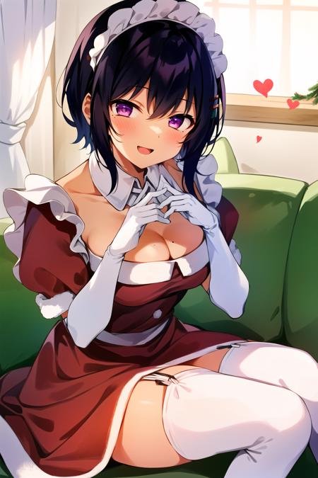 <lora:lilithv1:0.6> lilith, 1girl, alternate costume, black hair, blush, breasts, christmas, cleavage, dark-skinned female, dark skin, elbow gloves, garter straps, gloves, heart, heart hands, large breasts, looking at viewer, maid, maid headdress, mole, mole on breast, mole under eye, open mouth, puffy short sleeves, puffy sleeves, purple eyes, santa costume, short hair, short sleeves, smile, solo, thighhighs, white gloves, white thighhighs