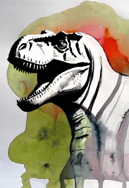 <lora:Aether_Watercolor_and_Ink_v1_SDXL_LoRA:1> a dinosaur in watercolor and ink