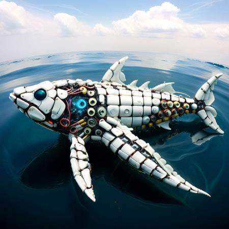 a robotic leviathan surfacing from an electric ocean, body made of oversized alkaline cells, dorsal fins shaped like voltage meters, lightning coursing through transparent plating, sonar pulses warping the sky above, B4TT3R13S, made of batteries
