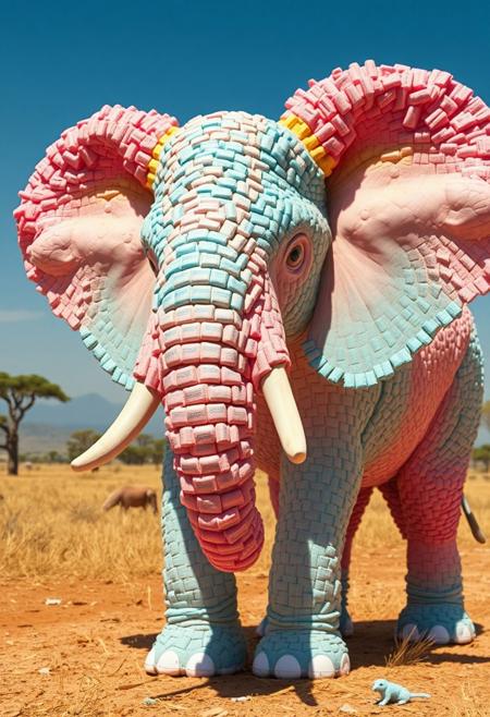 "Create a photorealistic image of an African elephant constructed from thousands of wads of chewing gum, each with a distinct flavor and color. The gum should be stuck together to form a massive, lifelike elephant shape, with pink 'bubblegum' gum forming the ears, blue'spearmint' gum creating a cool, mottled effect on the body, and yellow 'lemon' gum used to create a bright, sunny tusk. The gum should be textured and irregular, with visible ridges and crevices where the wads have been pressed together. The elephant's wrinkles and folds should be meticulously rendered, with tiny pieces of gum forming the fine details of the eyes, nostrils, and mouth. A few stray strands of gum should be stretched out from the elephant's body, as if they're still sticky and fresh. The background should be a warm, sun-baked savannah, with a few acacia trees and a bright blue sky." highest-Quality, 8 k, intricate details, visually stunning, Masterpiece