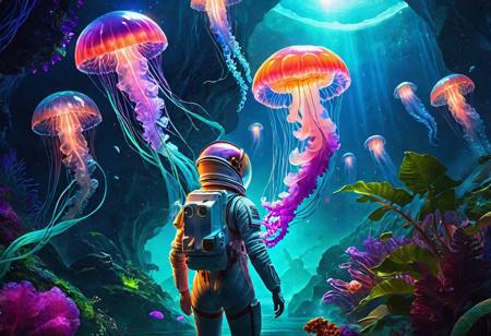 cinematic film still light particles flowing, woman astronaut in space suit, vibrant colorful exotic alien world, colorful huge plants and nature, (multiple flying glowing jellyfish), glowing light, shallow depth of field, vignette, highly detailed, high budget Hollywood film, cinemascope, moody, epic, gorgeous, ethereal fantasy concept art of light particles flowing, woman astronaut in space suit, vibrant colorful exotic alien world, colorful huge plants and nature, (multiple flying glowing jellyfish), glowing light, magnificent, celestial, ethereal, painterly, epic, majestic, magical, fantasy art, cover art, dreamy