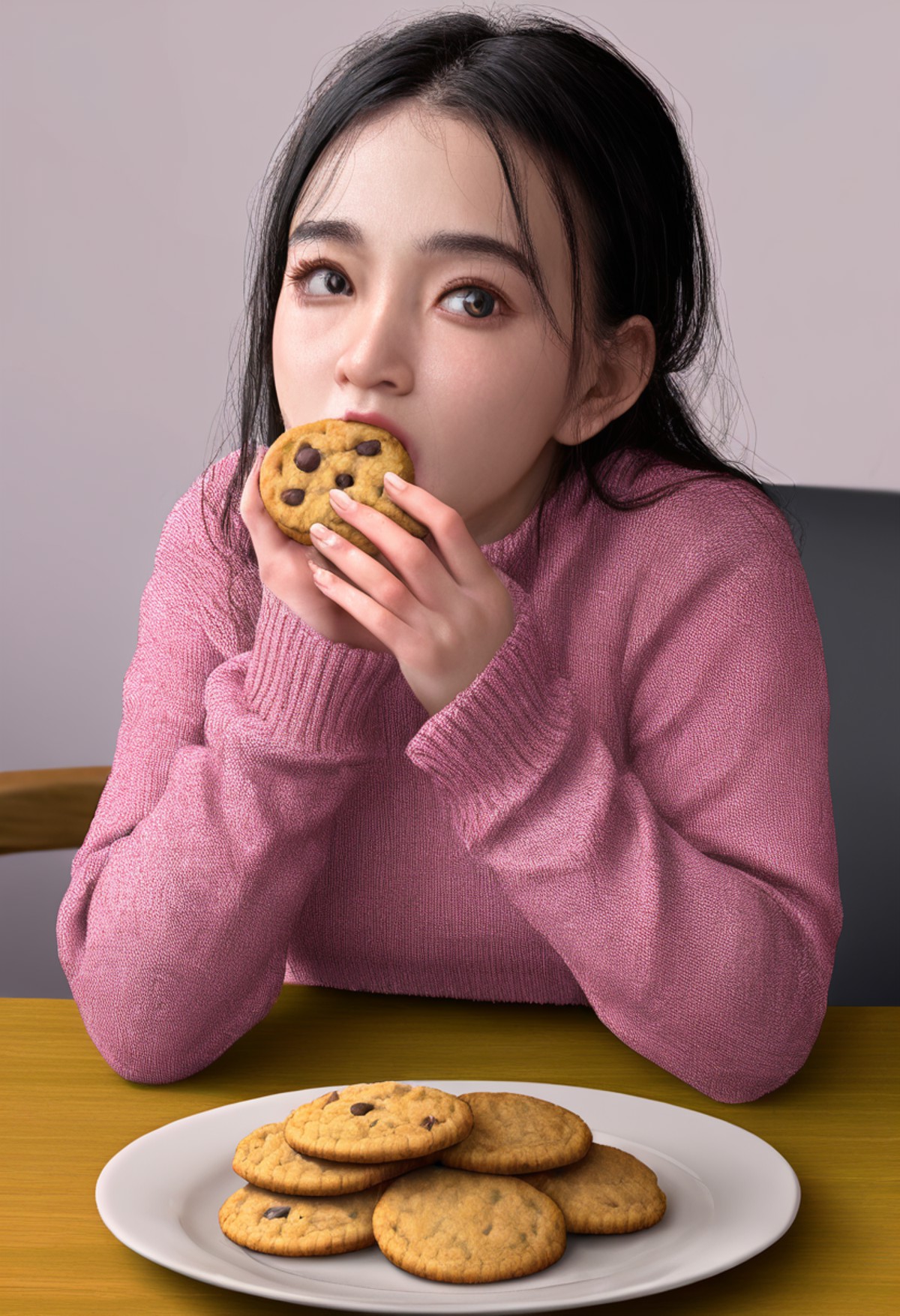 hdr 8k analog photo, A girl eating cookies.
