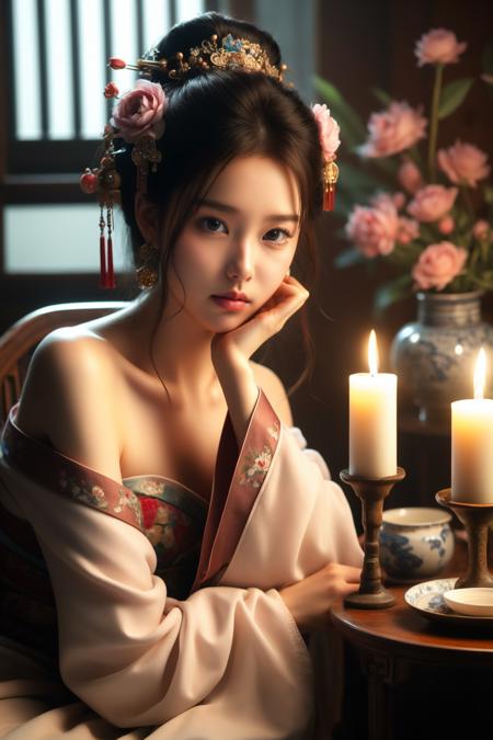 1girl, hair ornament, flower, solo, black hair, realistic, jewelry, candle, hair flower, earrings, table, indoors, blurry, looking at viewer, head rest, hair bun, window, teapot, vase, sitting, chair, hair stick, black eyes, chinese clothes, ( red_clothes:1.3), off shoulder, bare shoulders, pink flower, lips, depth of field, single hair bun
<lora:å«£ææ¥¼3:0.85>