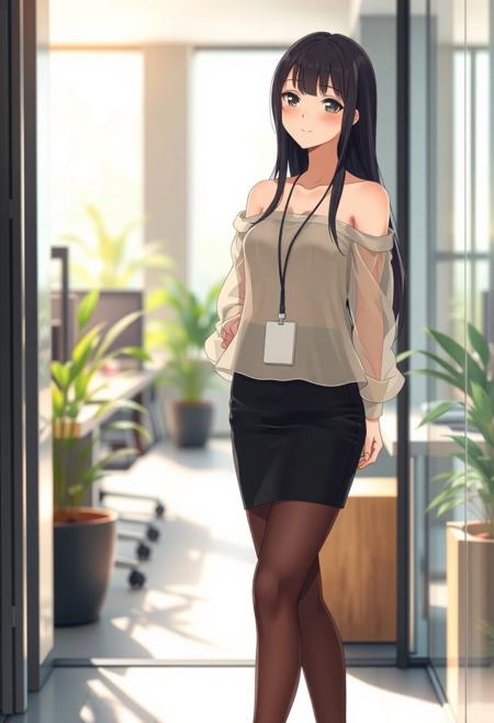 Anime-style shy and beautiful young female secretary standing in a modern office during the day. She has long, smooth black hair and gentle eyes, looking slightly down with a shy smile. She wears an elegant off-shoulder summer transparent thin blouse without straps, with long flowing sleeves, slightly sheer and soft, tucked into a  black pencil transparent very mini skirt that ends just above the knees. She also wears thin, transparent black stockings and modest black heels. A small ID badge hangs subtly at her waist, adding to her reserved posture. Her cheeks are slightly flushed, giving a blushing expression as she stands near the office entrance, uncertain where to go. Background includes bright natural lighting, indoor plants, office desks, and soft shadows. The overall tone is warm and welcoming, with a soft-focus anime style and subtle bokeh effect in the background. Full-body composition, delicate lighting, cinematic mood.