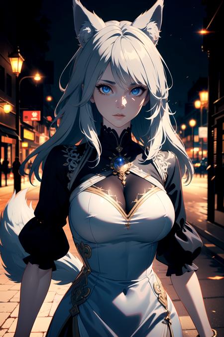 (masterpiece), best quality, expressive eyes, perfect face, beautiful wolf lady with a luxurious dress walking on the park by night, gray hair, fluffy tail, 8k, intricate details, raytracing, magical, smooth, vivid, zbrush, close-up,