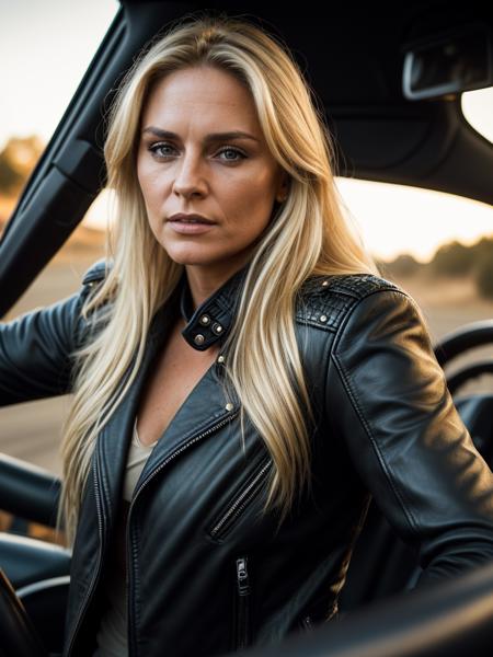 cinematic film still a photo of a 40 year old woman, driving a motorbike, long blonde hair, black leather jacket, HDR, intricate details, detailed face, detailed eyes, detailed skin, extreme realistic
 . shallow depth of field, vignette, highly detailed, high budget, bokeh, cinemascope, moody, epic, gorgeous, film grain, grainy