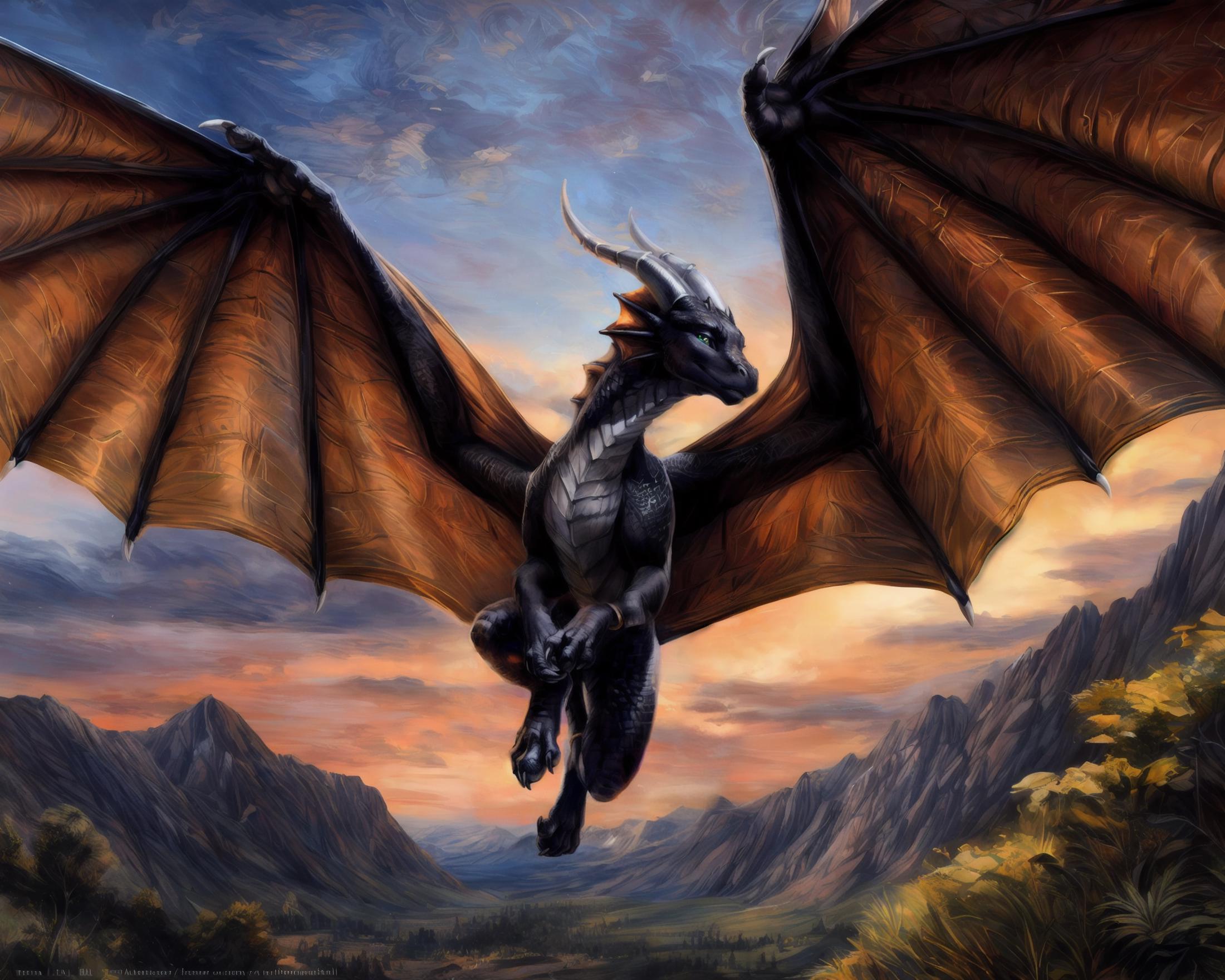 A majestic dragon with wings spread wide soaring through the sky.