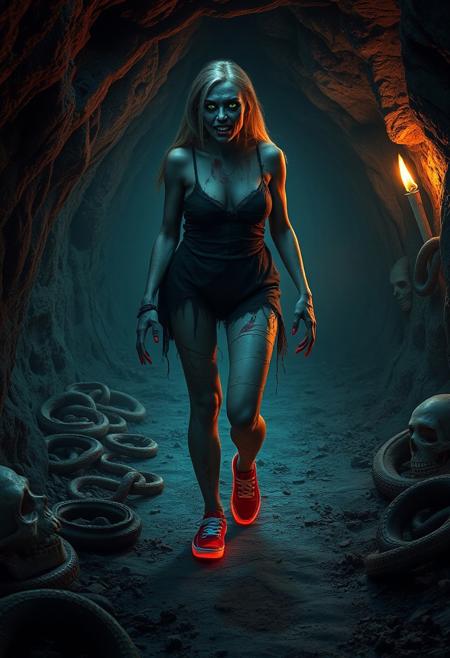 Real Life, realistic, extremely detailed digital_photography, realistic_lighting, 
a spooky cave, bones, snakes, old clothes 
a tall large, 30 year old zombie-monster, large breasts, fat ass, muscular legs, walking forward in a threatening manner, glowing green eyes trying to hypnotize the camera. hands like claws with bright red nail polish. 
she is wearing ripped and torn clothing stained with blood, (((Vans-Authentic-sneakers))), (((red sneakers that glow from within with an eerie red light)))
The front of her body is lit from a fire off the her right
(((full body visible))), (((sneakers visible))), perfect anatomy, perfect legs