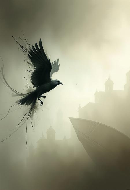 A bird taking flight, its wings dissolving into abstract marks, evoking a sense of freedom and movement
,
surreal atmospheric fantasy, misty vast landscapes, dreamlike realism, floating objects, lone mysterious figures, symbolic surrealism, poetic stillness, soft diffused lighting, intricate painterly textures, deep muted color palette, enigmatic surreal dreamscape