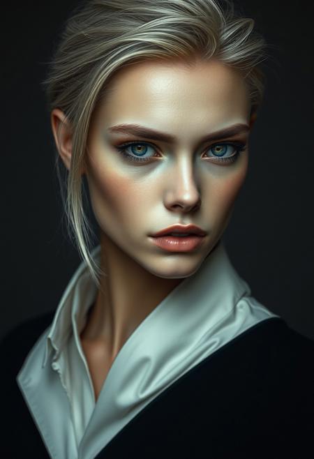Crea una imagen hiper realista foto, Create a hyper-realistic character with androgynous features, seamlessly blending masculine and feminine traits. The subject has a captivating, magnetic gaze that feels deep and enveloping, as if drawing the viewer inward. Their eyes reflect mystery and intelligence. The expression is calm but powerful, evoking emotional depth and quiet confidence. The lighting is cinematic, with soft shadows accentuating bone structure and skin texture. The background is minimalistic, ensuring all focus remains on the character’s presence. Clothing is modern and gender-neutral, tailored to enhance the elegance of their silhouette. The overall tone is ethereal yet grounded, like a timeless soul captured in a single frame.
