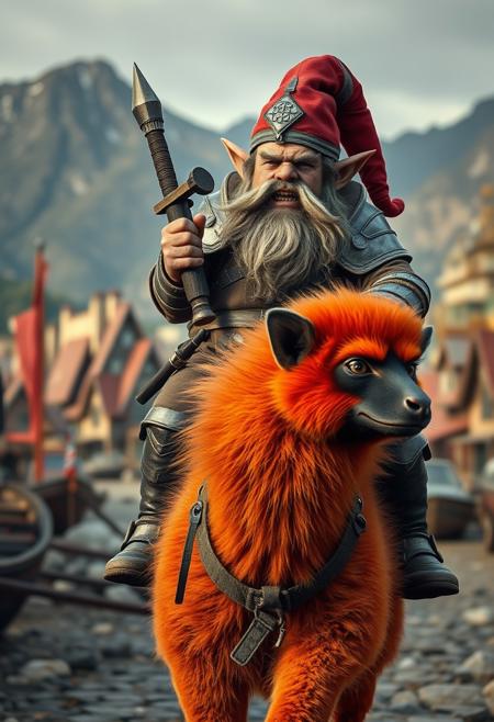 (masterpiece hyperrealisitic, medium format photography, muted colors, soft focus,  accurate proportions,  high quality, detailing, textures)  A grumpy, seasoned armored gnome ranger riding a vibrant red furred lemur creature through a port town, mountains in the background