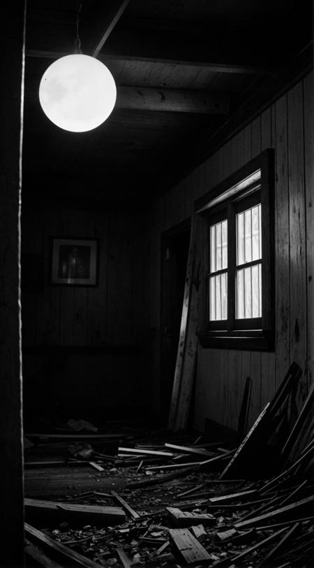 An antique, black-and-white photo, slightly blurred, showing a angry macabre ghost, full-bodied, haunting a spooky derelict house in a nighttime forest. <lora:Aether_Cloud_v1:1>