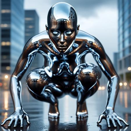 1girl, made of chrome, crouching, close-up, sneaking, intense focus on face and hands, depth of field, reflective chrome body, solo, no humans, bald head reflecting cityscape and ambient light, glowing eyes, looking at viewer, nose, lips, closed mouth, breasts, no nipples, arm reaching forward in a dynamic sneaking motion, blurry background, distant skyscrapers and streetlights out of focus, bokeh effect, outdoors, wet road reflecting city lights, street, clouds, city, buildings