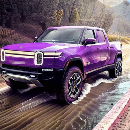 a purple rivianr1t crossing a river in the road