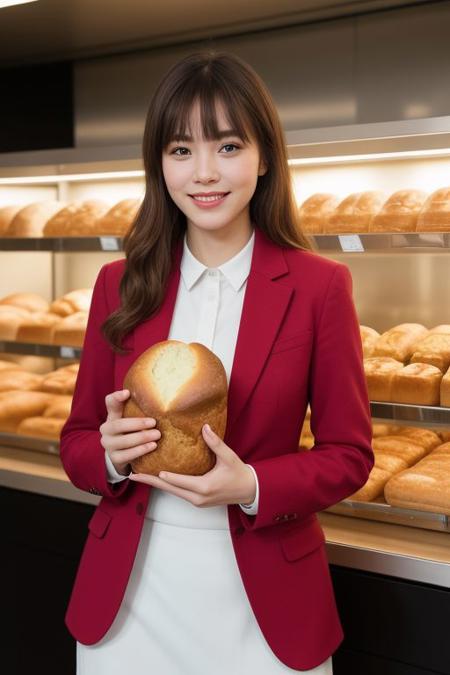 photo realistic, masterpiece, best quality, studio lighting, solo, jmc <lora:jennettemccurdyV01:1>, <lora:polyhedron_skinny_all:.3>, pink suit, holding a ((bread,puff)) (Urn) with ((two hands)) , light smiling ,  blonde highlights with bangs , bakery background,(looking at viewer, realistic eye and face details),film grain:1.5, Kodak Max 400 Film), (nsfw:1.2)