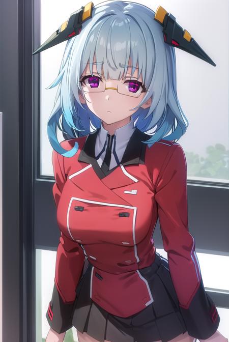 kanzashisarashiki, <lora:kanzashi sarashiki s2-lora-nochekaiser:1>,
kanzashi sarashiki, (red eyes:1.3), blue hair, glasses, semi-rimless eyewear,
BREAK school uniform, ribbon, blue ribbon, long sleeves, (red trim:1.2), uniform, military uniform, (white military uniform:1.5),
BREAK indoors, classroom,
BREAK looking at viewer, (cowboy shot:1.5),
BREAK <lyco:GoodHands-beta2:1>, (masterpiece:1.2), best quality, high resolution, unity 8k wallpaper, (illustration:0.8), (beautiful detailed eyes:1.6), extremely detailed face, perfect lighting, extremely detailed CG, (perfect hands, perfect anatomy),