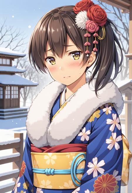 1girl, kaga \(kancolle\), kantai collection, (yuzu modoki), upper body, blue kimono, print kimono, fur trim, floral print, long sleeves, wide sleeves, blush, looking at viewer, embarrassed, side ponytail, furisode, obi, yellow bow, hair ornament, hair flower, brown eyes, outdoors, day, natural lighting,  (masterpiece, best quality), outdoors, detailed scenery, winter, snow, (3d render:0.4), highly detailed, finely detailed <lora:kaga_ny_animaginexl_2-14:0.7>