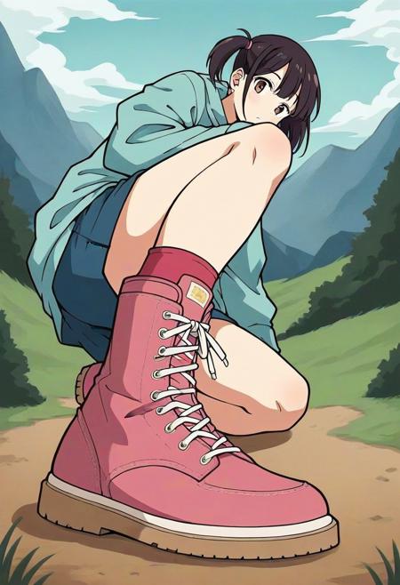 score_9, score_8_up, score_7_up, score_6_up, source_anime,
 BREAK 
1girl, solo, ankle boots, (pink boots),
 BREAK 
hud_sh03_sh0w, foreshortening, from below, looking at viewer,
 BREAK 
mountains background, outdoor