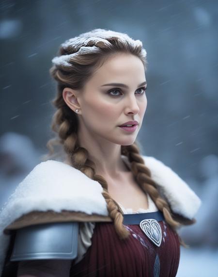 NataliePortman,<lora:NataliePortmanSDXL:1> photograph, Compelling athletic Female cosplaying as Freyja, Snowing, Iphone X, Low shutter