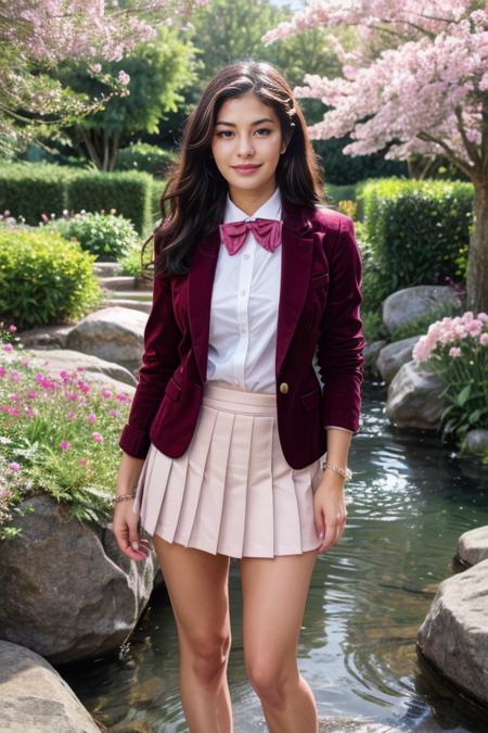 1 woman, detailed, realistic, standing, full body shot, scenic view, garden full of flowers, lily's, roses, flower:1.3, flowing water, rocks
<lora:Bowtie Blazer Dress By Stable Yogi:0.6> pink blazer, bowtie, shirt, pleated skirt