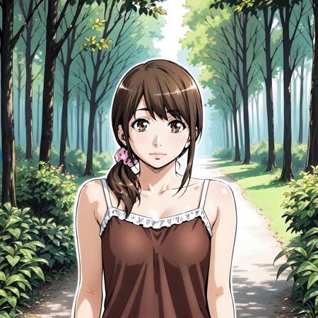 Saeko,1girl,brown hair,low ponytail,hair scrunchie,brown eyes, camisole, dress,