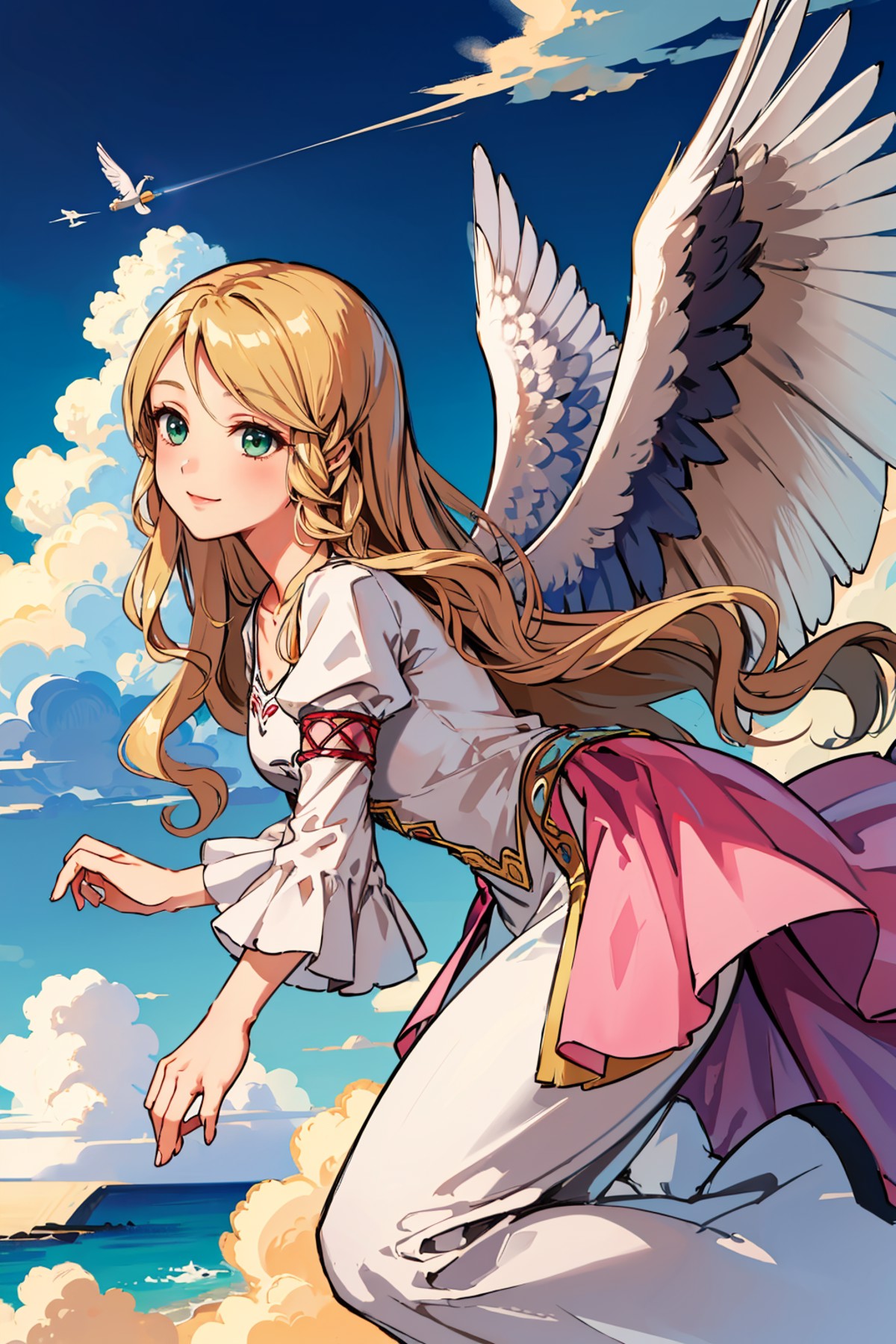 masterpiece, best quality, leanne, wings, long white dress, pink trim, (flying:1.4), from side, sky, clouds, smile <lora:l...