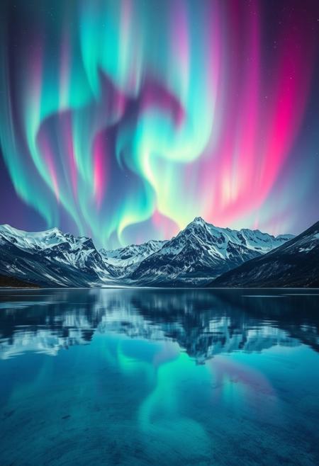 Immerse yourself in this breathtaking masterpiece that seamlessly combines the wonders of nature and imagination. The image presents a surreal, otherworldly landscape where a cascade of vibrant, swirling auroras paints the sky with rich, electric hues. Beneath this celestial light show, a serene, crystalline lake stretches out, perfectly mirroring the colorful spectacle above, creating a mesmerizing visual symmetry. Majestic, snow-capped mountains rise in the background, their rugged peaks softened by the gentle glow of the auroras. The intricate details of the scene, from the delicate ripples on the water's surface to the subtle interplay of light and shadow on the mountains, invite viewers to explore and lose themselves in this stunning panorama. The image captures a harmonious blend of natural beauty and fantastical elements, making it a captivating visual experience that promises to spark imagination and wonder. Dive into this vivid, enchanting world and let it inspire your sense of awe and creativity.