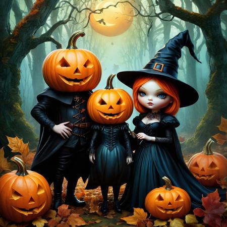 A cute chubby pumpkin couple with a scary witch art by Anna Dittmann, 
Greg Simkins, 
sarak kay, 
8k, 
complex environment, 
ornate, 
intricate, 
three-color, 
sharp focus, 
perfect composition, 
forest background